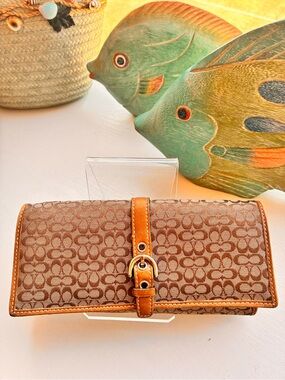 Coach Brown Signature Jacquard Wallet with Tan Leather Trim